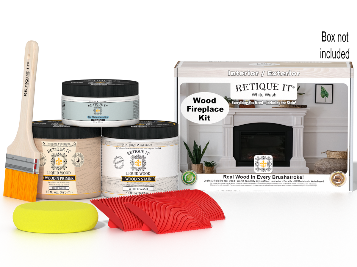 Retique It® Fireplace Wood'n Finish Kit in White Wash for full fireplace staining, includes stain and finishing supplies.