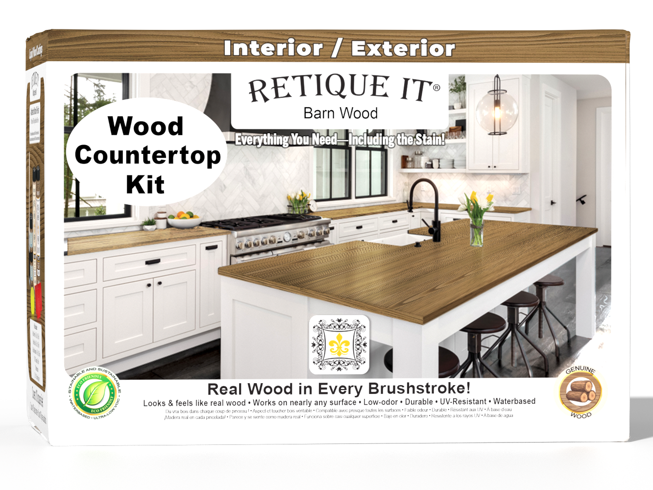 Retique It® modern walnut countertop kit with stains, showcasing a full kitchen setup with stylish wood grain and polished surface.