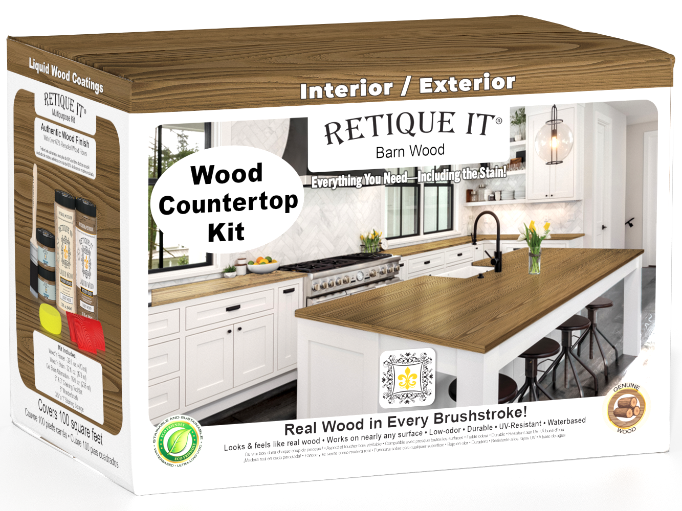 Modern walnut countertop kit from Retique It® featuring stain application for full kitchen renovation, shown on a countertop surface.