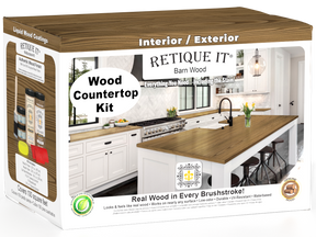 Modern walnut countertop kit from Retique It® featuring stain application for full kitchen renovation, shown on a countertop surface.