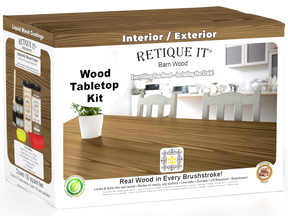 Retique It Wood'n Finish Kit with four large barn wood stain samples for tabletops, showcasing wood grain and rich finish.