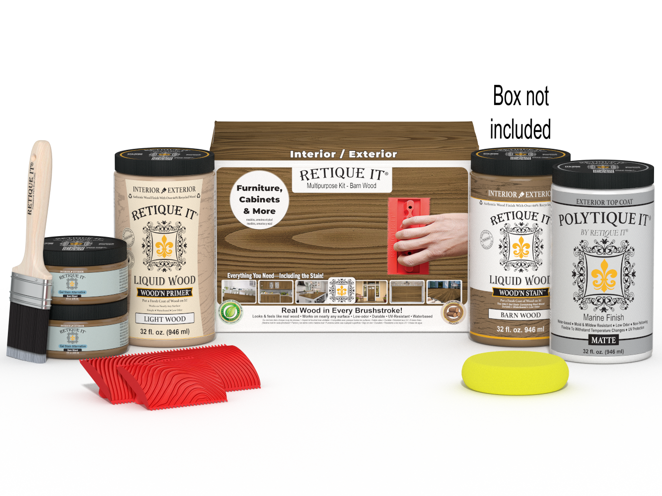 Large Barn Wood'n Kit by Retique It with wood finish and topcoat, shown with included applicator and packaging.