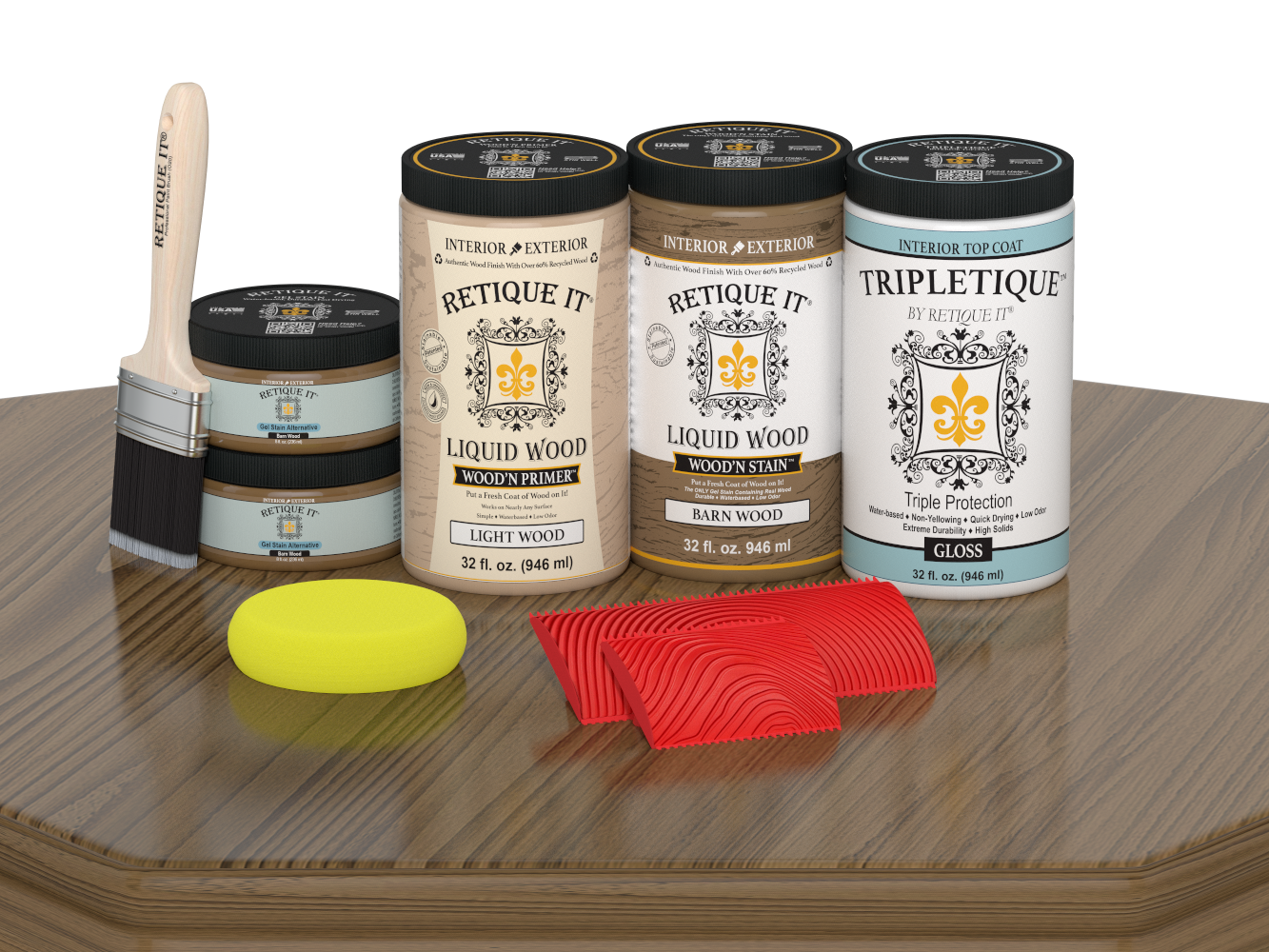 Retique It® Barn Wood stain countertop kit for full kitchen renovation, shown on a prepared wooden surface.