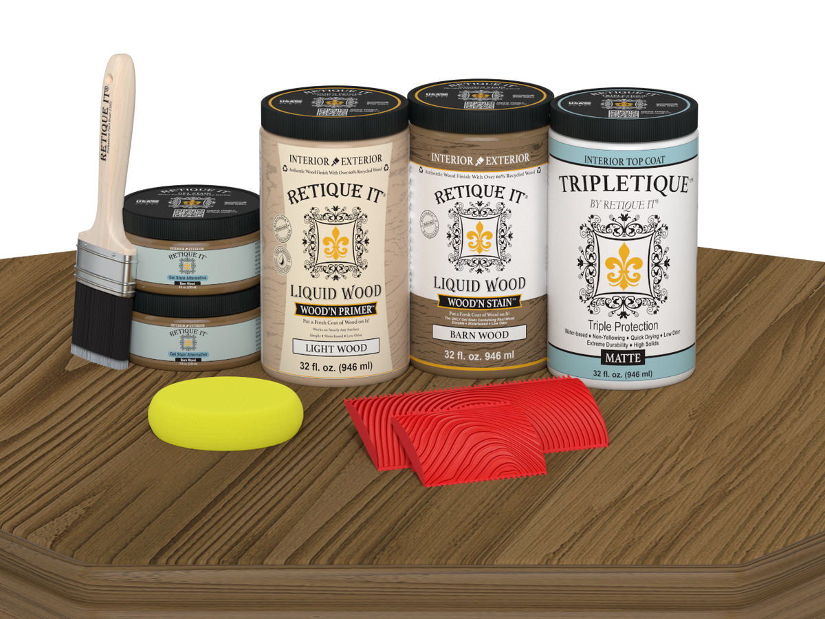 Retique It® Modern Walnut countertop kit with stain, featuring a matte finish and full kitchen setup on a wooden surface.