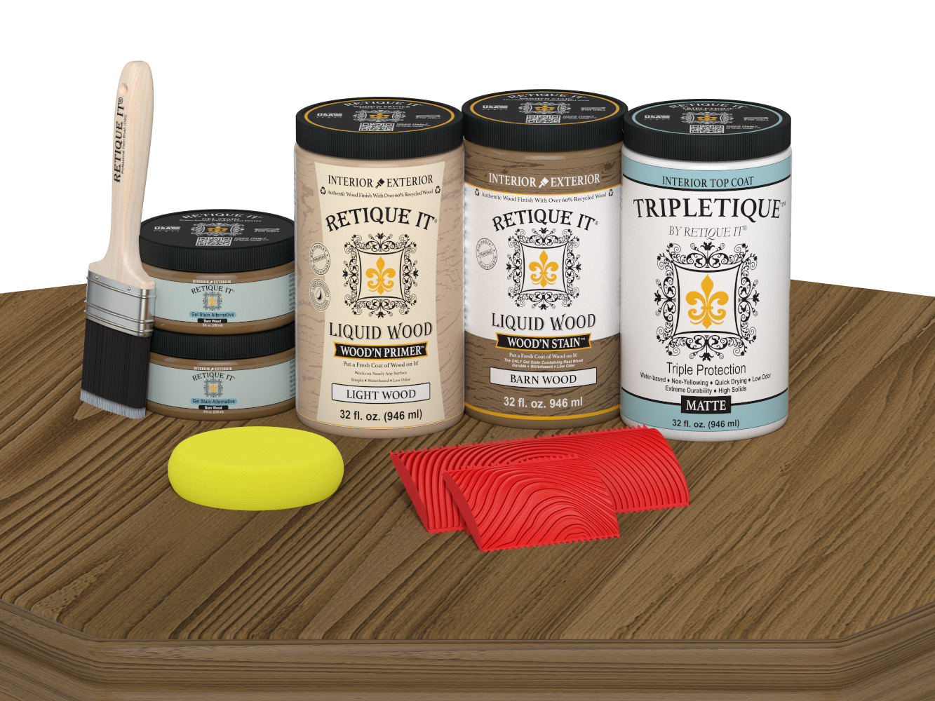 Retique It® Modern Walnut countertop kit with stain, featuring a matte finish and full kitchen setup on a wooden surface.