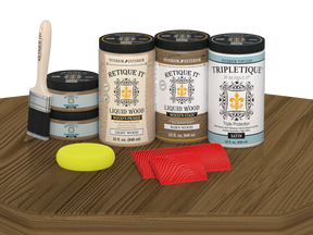 Retique It Wood'n Finish Kit with four large satin stains in barn wood finish, suitable for tabletop wood projects.