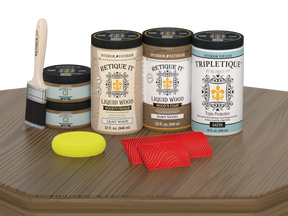Retique It® barn wood countertop kit with satin stain finish, showing a full kitchen setup with wood-textured surfaces.