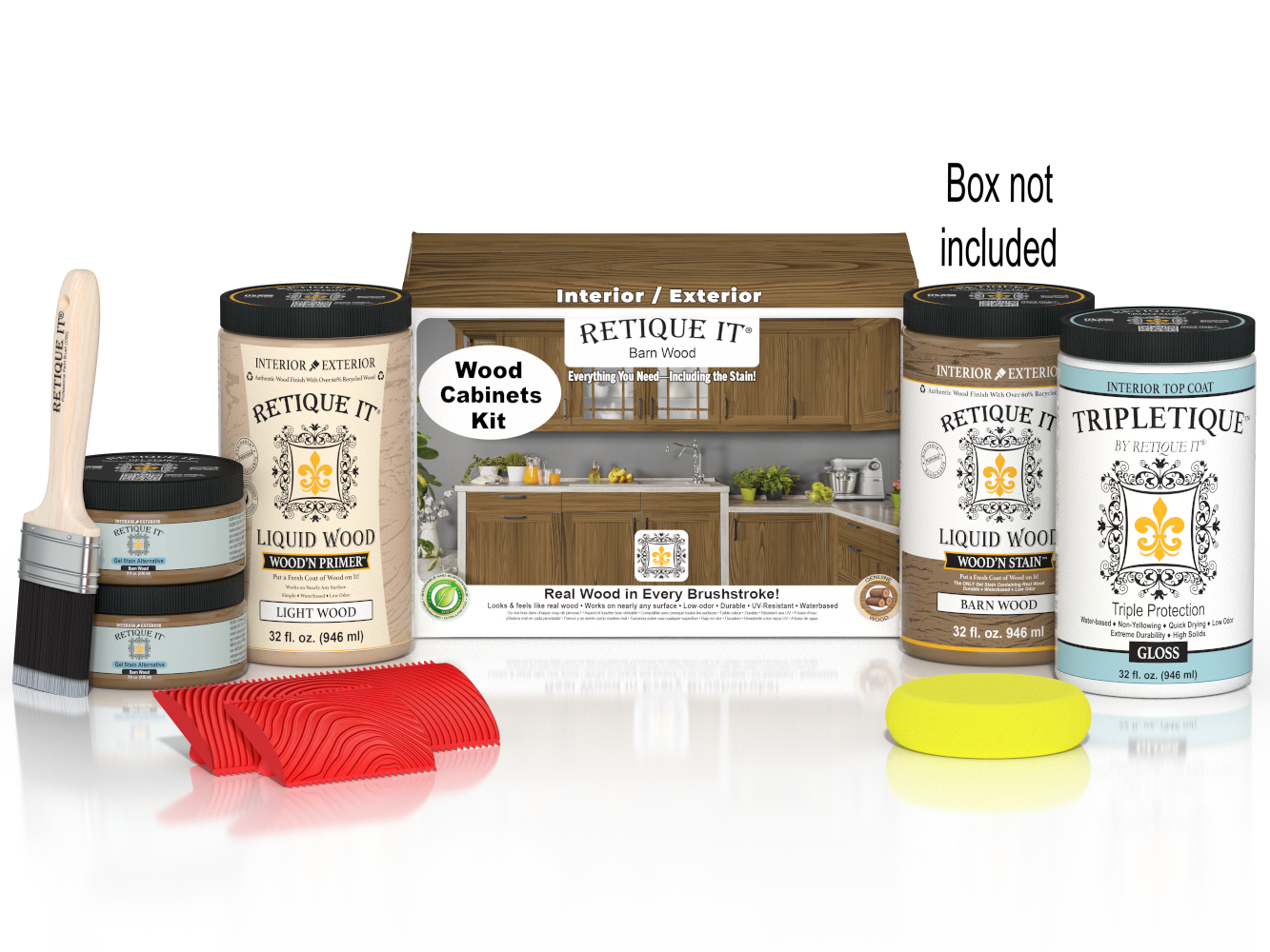 Retique It® Wood'n Cabinet Kit with 12 barn wood grain stained cabinet doors, showcasing natural wood textures and finishes.