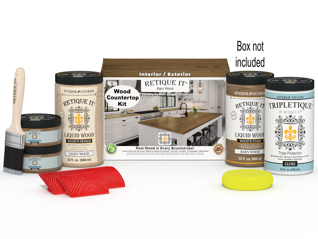 Retique It® Modern Walnut countertop kit with stain, featuring a full kitchen setup and natural wood finish on a countertops image.