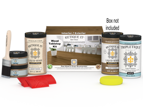 Retique It Wood'n Finish Kit with four large barn wood stains for tabletops, shown with open box and stain samples.