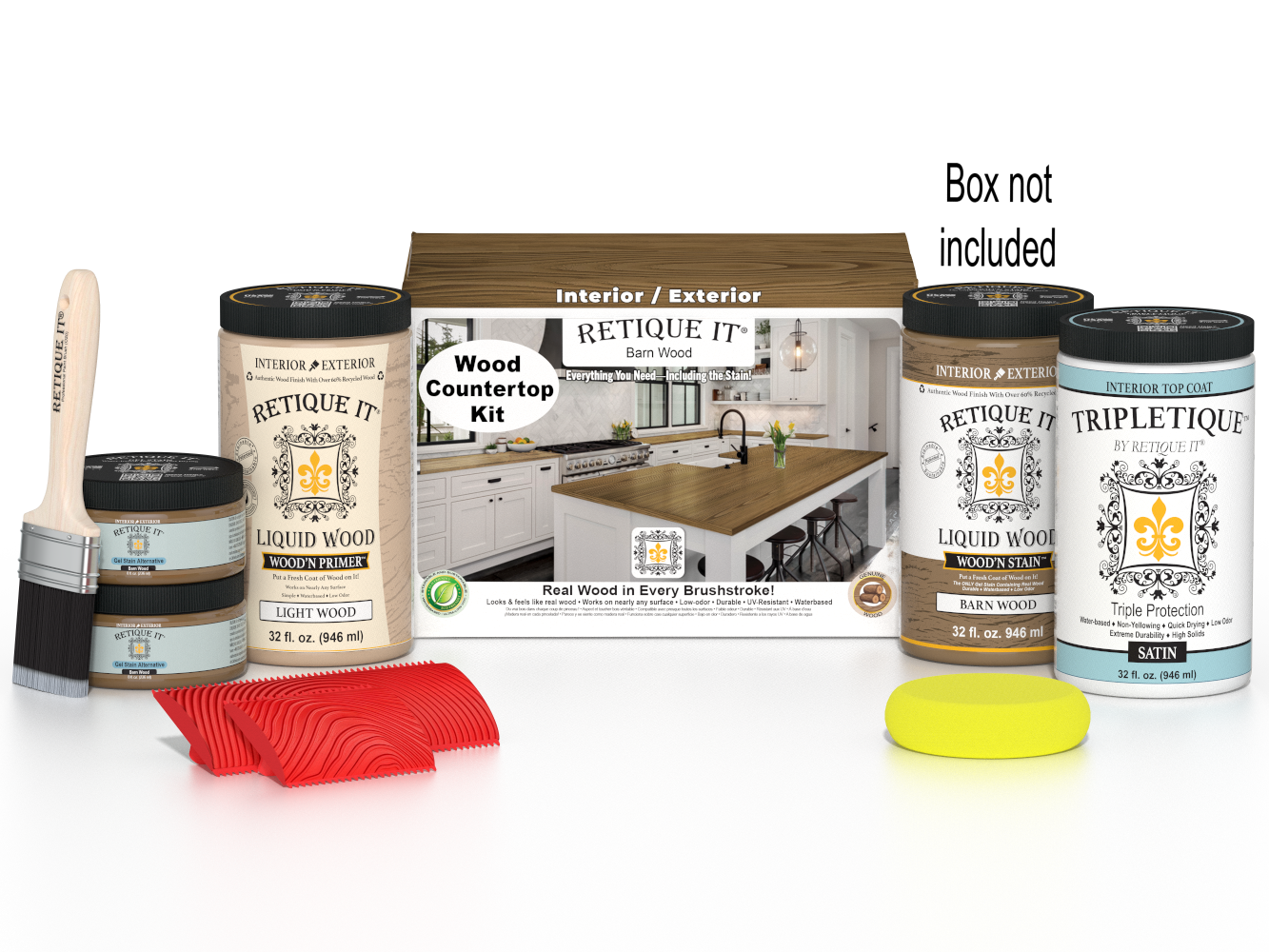 Retique It® modern walnut countertop kit with stain, featuring a full kitchen setup and a box of staining supplies.