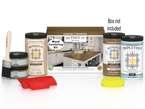 Retique It® modern walnut countertop kit with stain, featuring a full kitchen setup and a box of staining supplies.