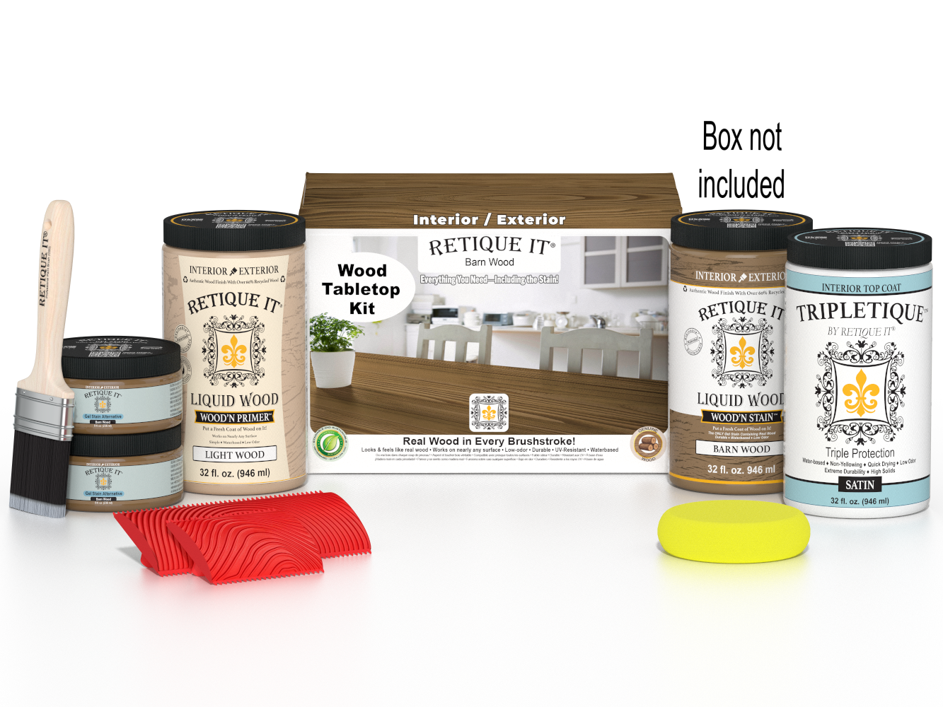 Retique It® Wood'n Finish Kit with four large containers of barn wood stain, displayed on a tabletop with applicator brushes.