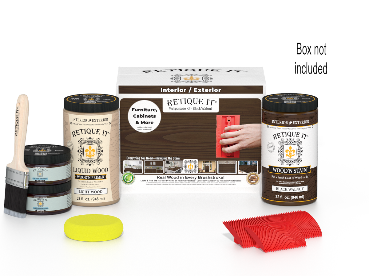 Retique It wood stain and application tools on a white background