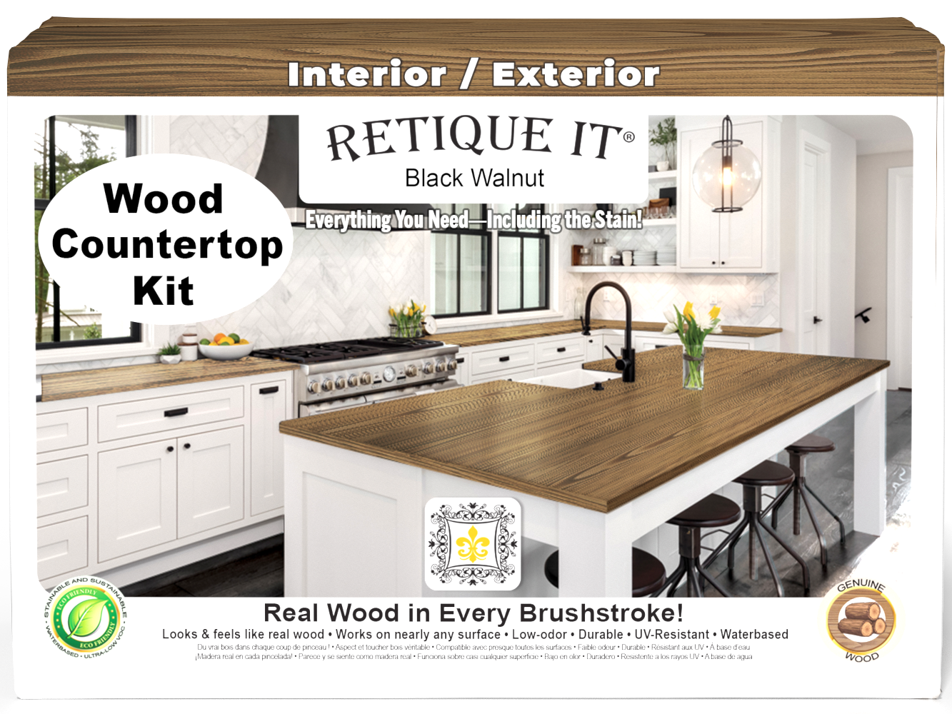 Retique It® black walnut countertop kit with stain, featuring a natural wood finish and smooth surface for full kitchen installation.