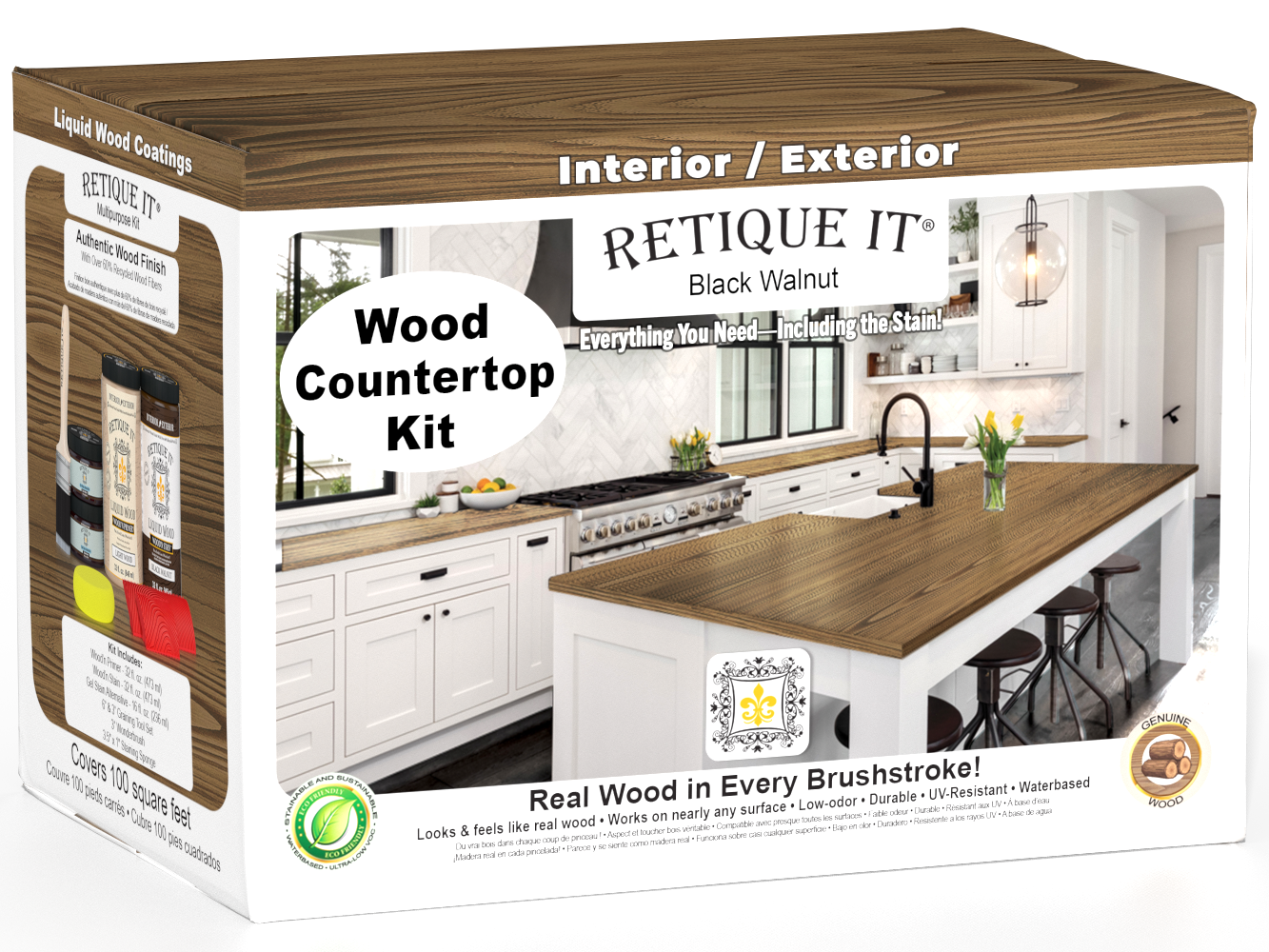 Retique It® black walnut countertop kit with stain, showcasing a natural wood finish on a kitchen countertop surface