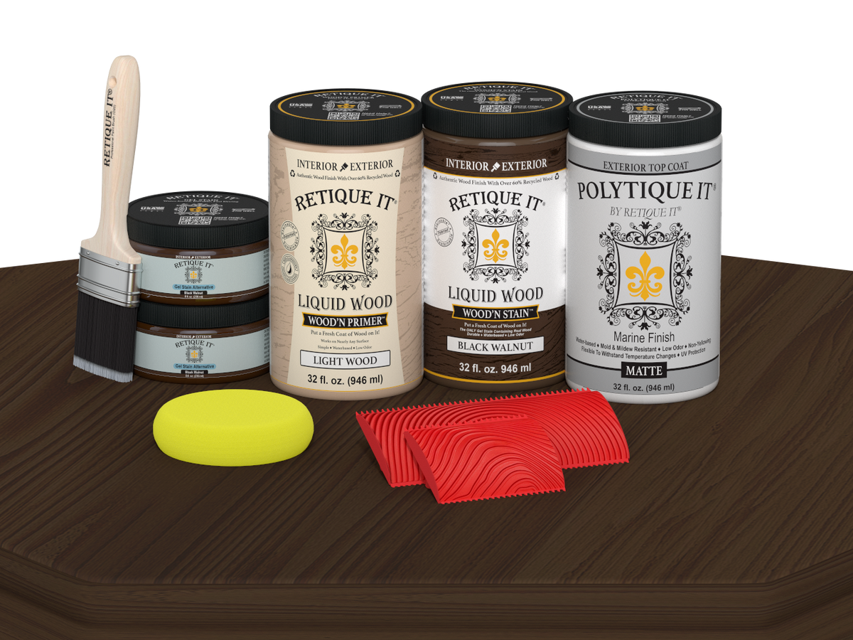 Retique It® Wood'n Finish double front door kit in Black Walnut stain with matte finish, displayed on a table.
