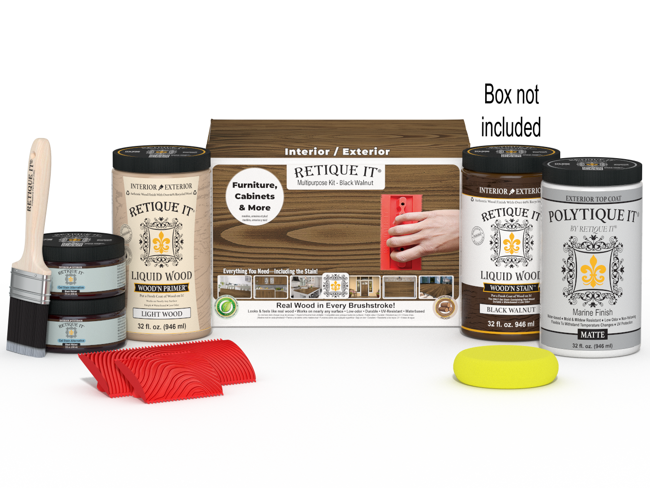 Large Black Walnut Wood'n Finish Kit by Retique It® with exterior top coat and applicator palette for wood finishing projects.