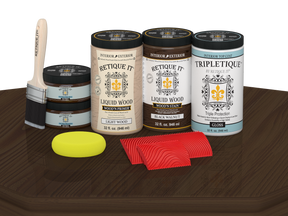 Retique It® black walnut countertop kit with gloss stain applied on a kitchen countertop, showcasing the rich wood finish.