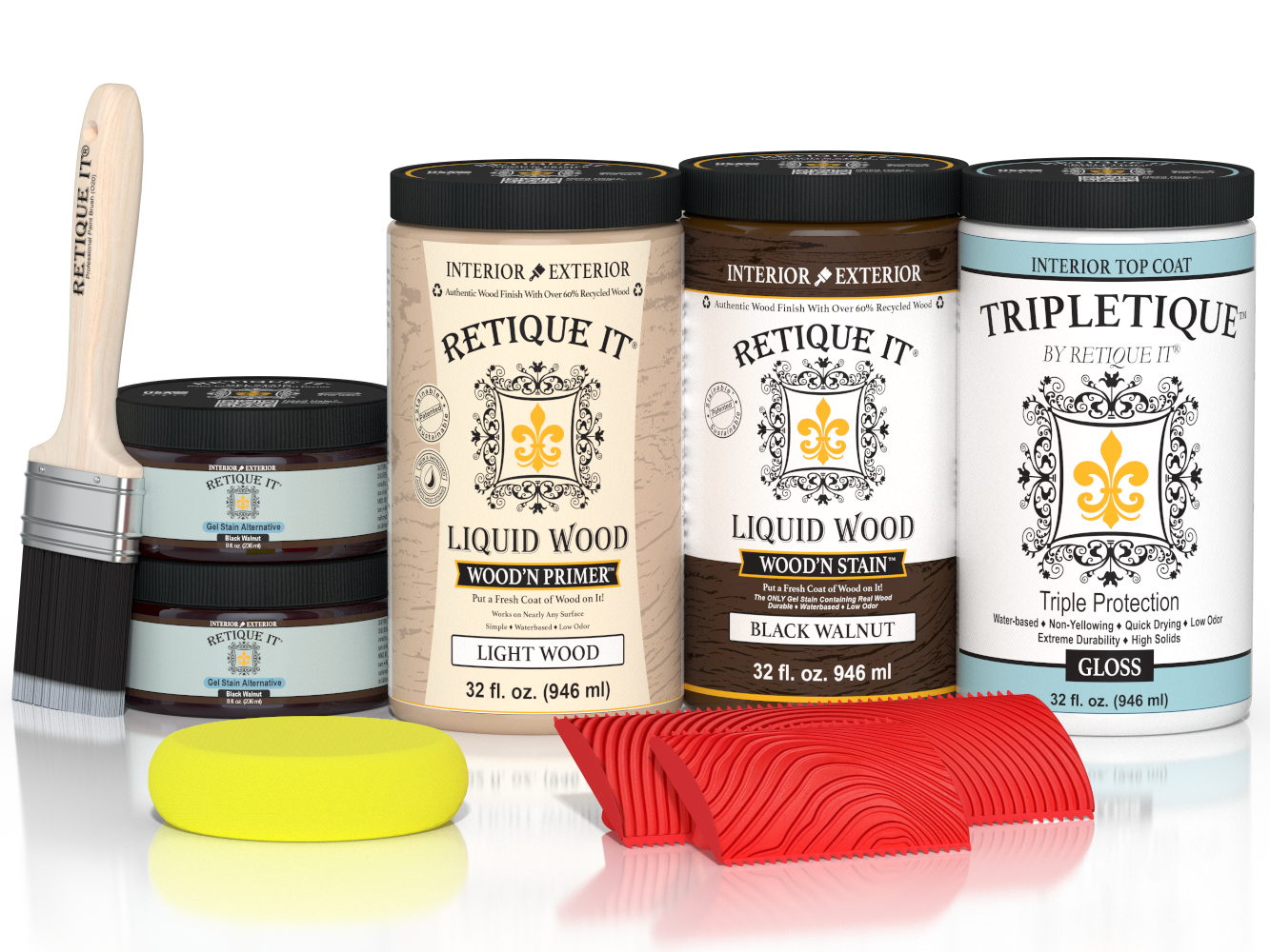 Large Black Walnut Wood'n Finish Kit by Retique It® with interior top coat, includes wood finish and application tools