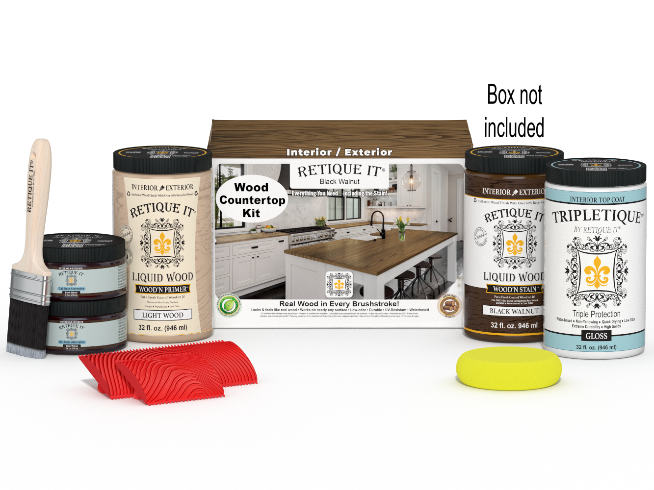 Retique It® Black Walnut countertop kit with stains, showing a finished kitchen countertop in a modern full kitchen setting.