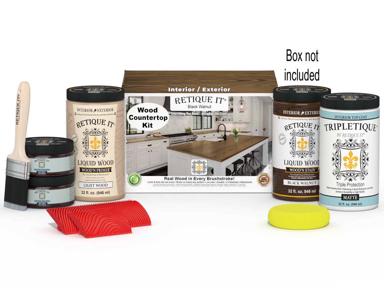 Retique It® black walnut countertop kit with stains, including a box of materials for full kitchen countertop renovation.