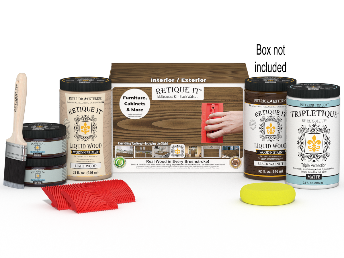 Large Black Walnut Wood'n Finish Kit by Retique It® for interior wood projects, includes top coat and application tools.