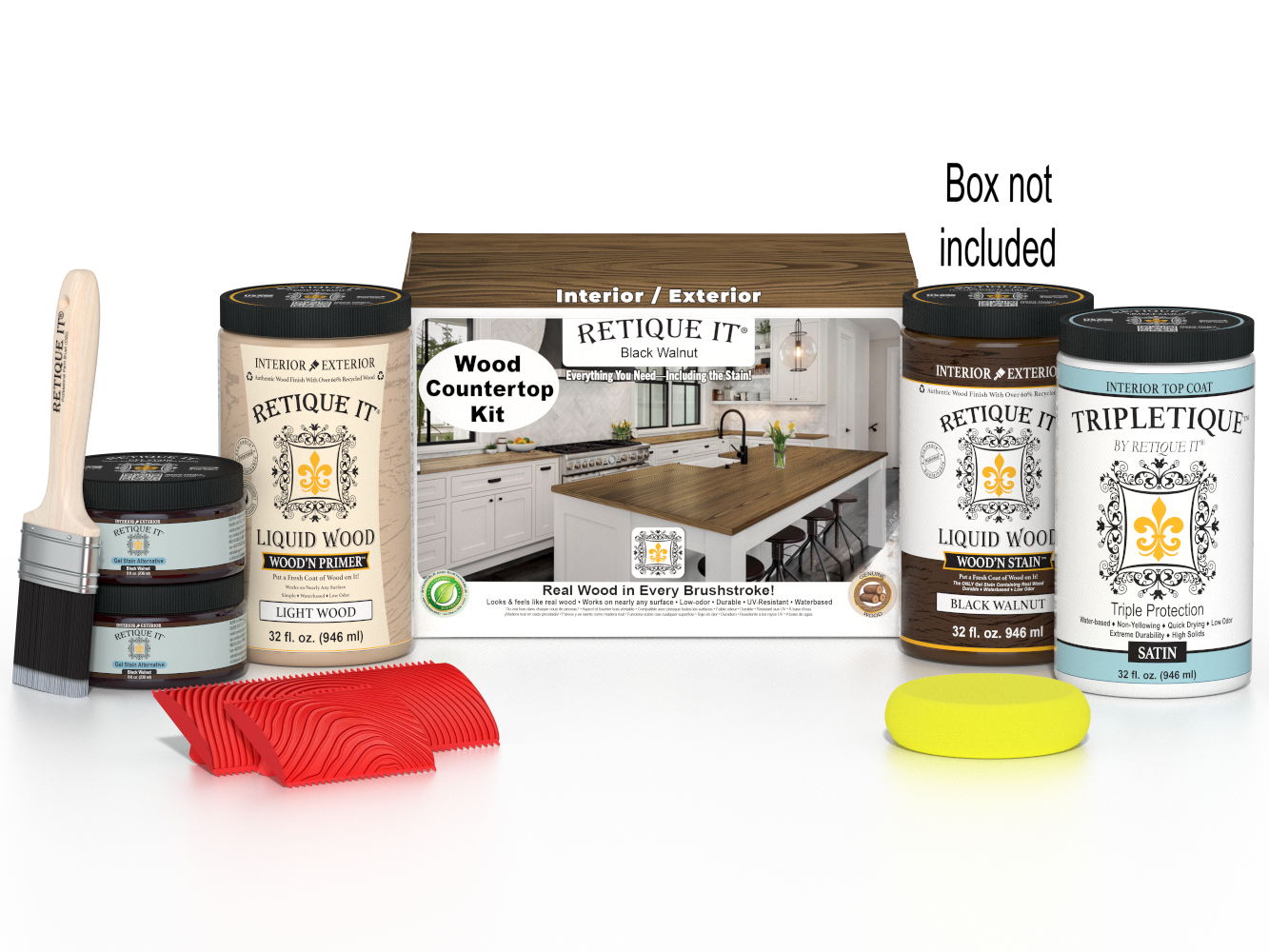 Retique It® black walnut countertop kit with stains, featuring a full kitchen setup and a box of materials for countertop finishing.