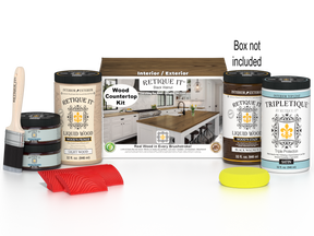 Retique It® black walnut countertop kit with stains, featuring a full kitchen setup and a box of materials for countertop finishing.