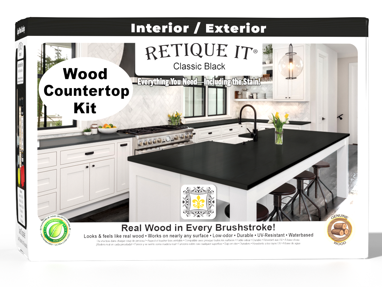 Retique It® full kitchen countertop kit featuring classic black stain, shown with boxed stain products and a 3D countertop display.