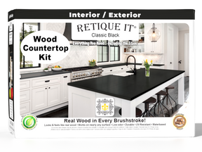 Retique It® full kitchen countertop kit featuring classic black stain, shown with boxed stain products and a 3D countertop display.