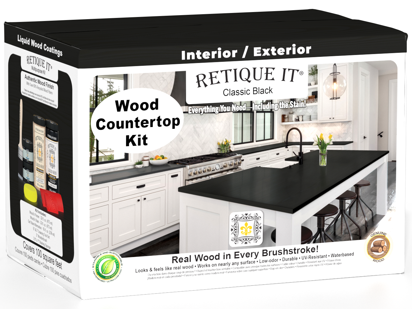 Retique It® Full Kitchen countertop kit with classic black stain, featuring a sleek black countertop for modern kitchen designs.
