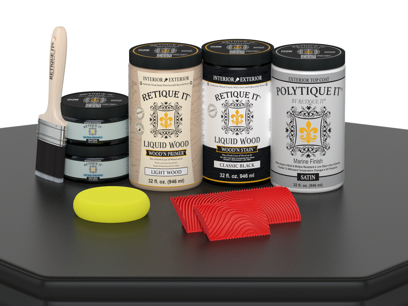 Large Black Wood'n Finish Kit by Retique It® with satin exterior top coat, featuring wood finish palette and application tools.