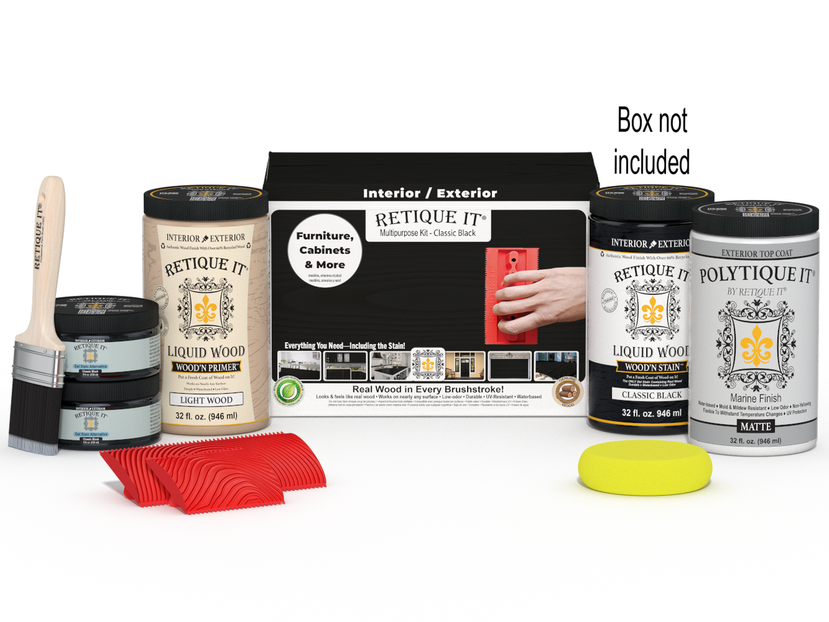 Large Black Wood'n Kit by Retique It® for exterior top coat, includes finish products, brushes, and applicators in a sturdy box.