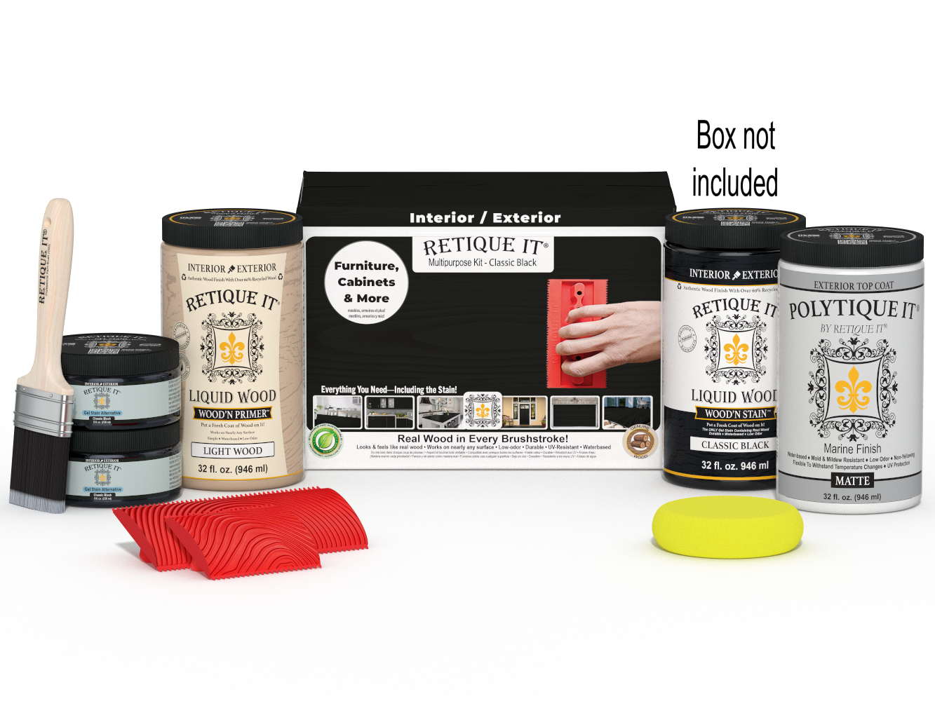 Large Black Wood'n Finish Kit by Retique It® with exterior top coat, including brushes and accessories for wood finishing projects.