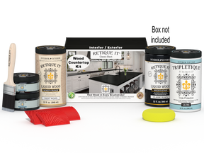 Retique It® full kitchen countertop kit in classic black stain with tools and supplies for DIY countertop renovation.