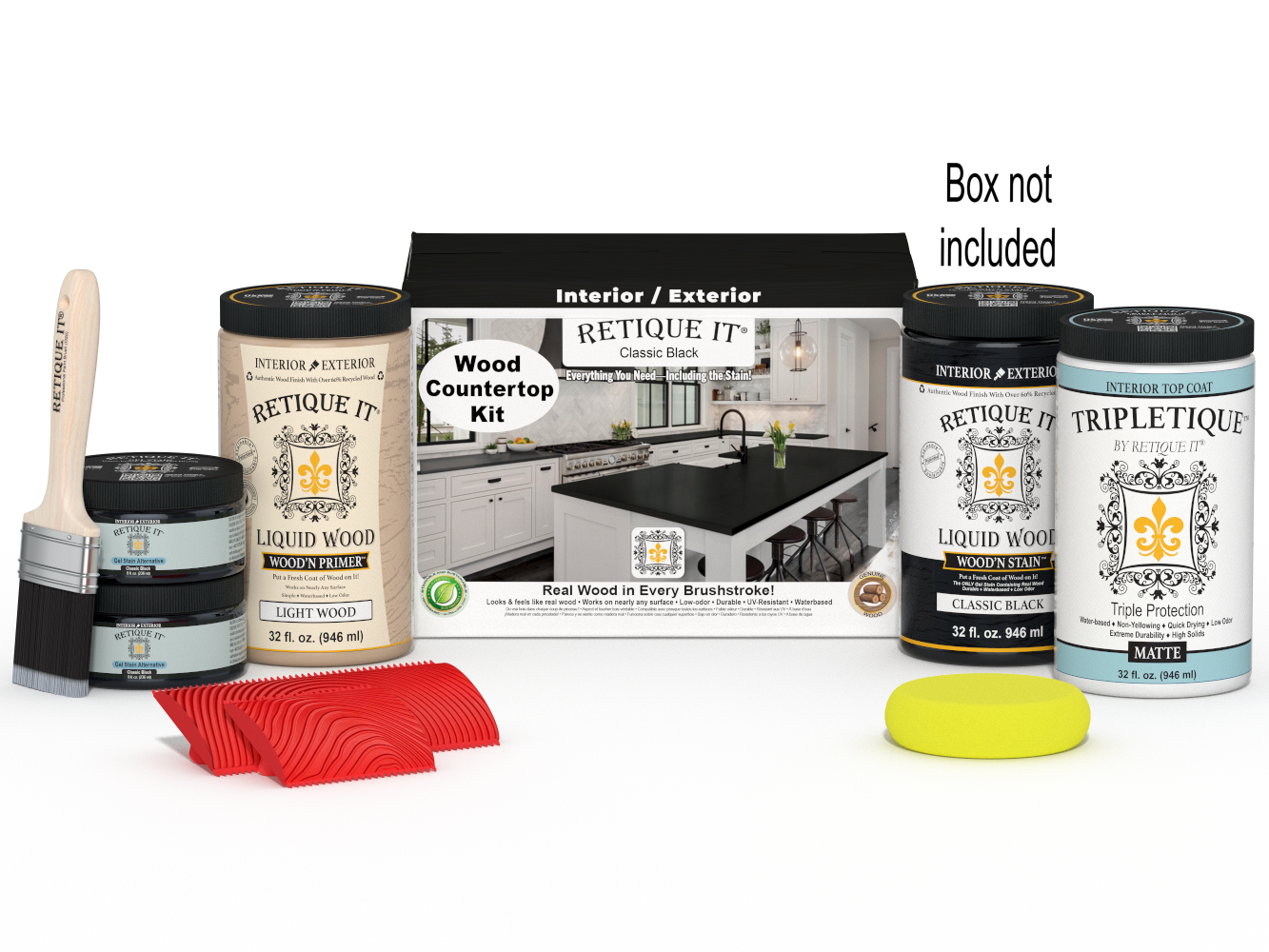 Retique It® full kitchen countertop kit in classic black stain, shown with application box and tools.