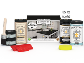 Retique It® full kitchen countertop kit in classic black stain, shown with application box and tools.