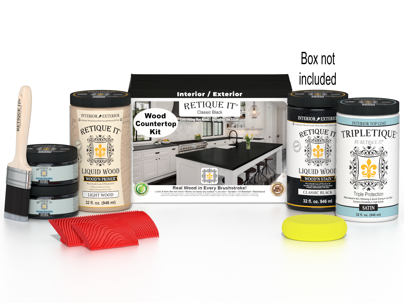 Retique It® countertop kit for full kitchen in classic black stain, featuring staining tools and supplies for kitchen countertop renovation.