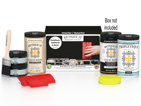 Large Black Wood'n Finish Kit by Retique It® for exterior wood projects, includes top coat and application supplies.