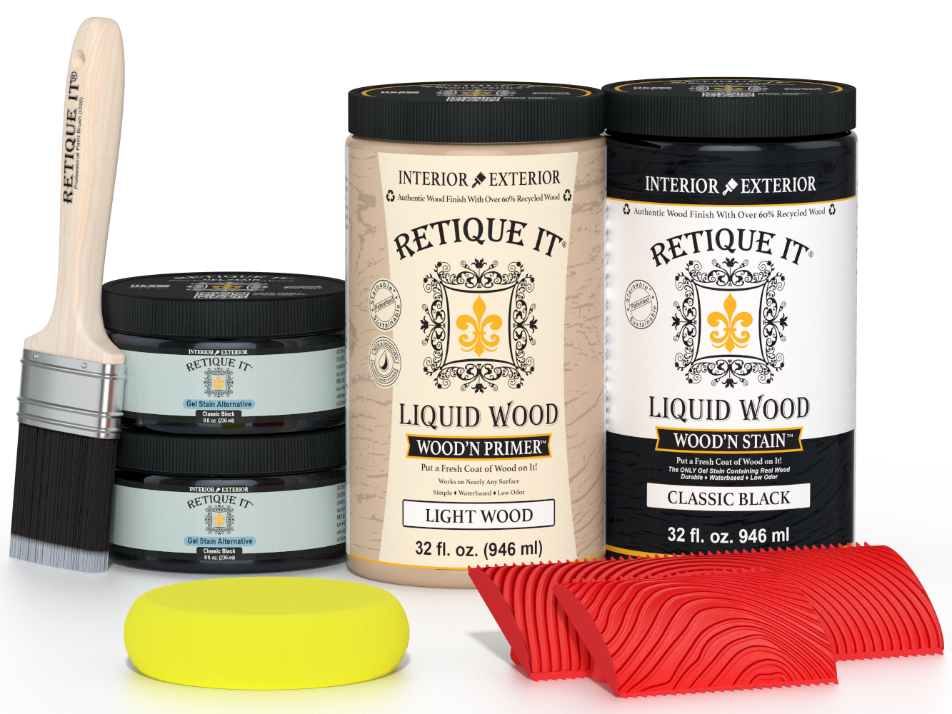 Large Black Wood'n Finish Kit by Retique It® for multi-purpose wood finishing projects, shown with various finishing tools.