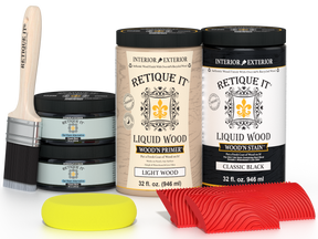 Large Black Wood'n Finish Kit by Retique It® for multi-purpose wood finishing projects, shown with various finishing tools.
