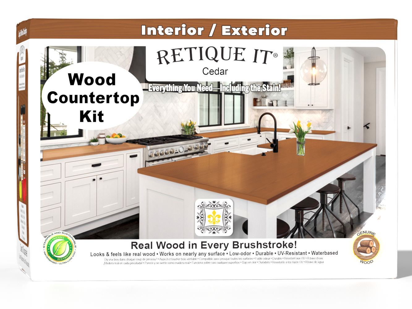 Retique It® Cedar countertop kit with stains, showing a full kitchen countertop in natural cedar finish and detailed 3D box view.