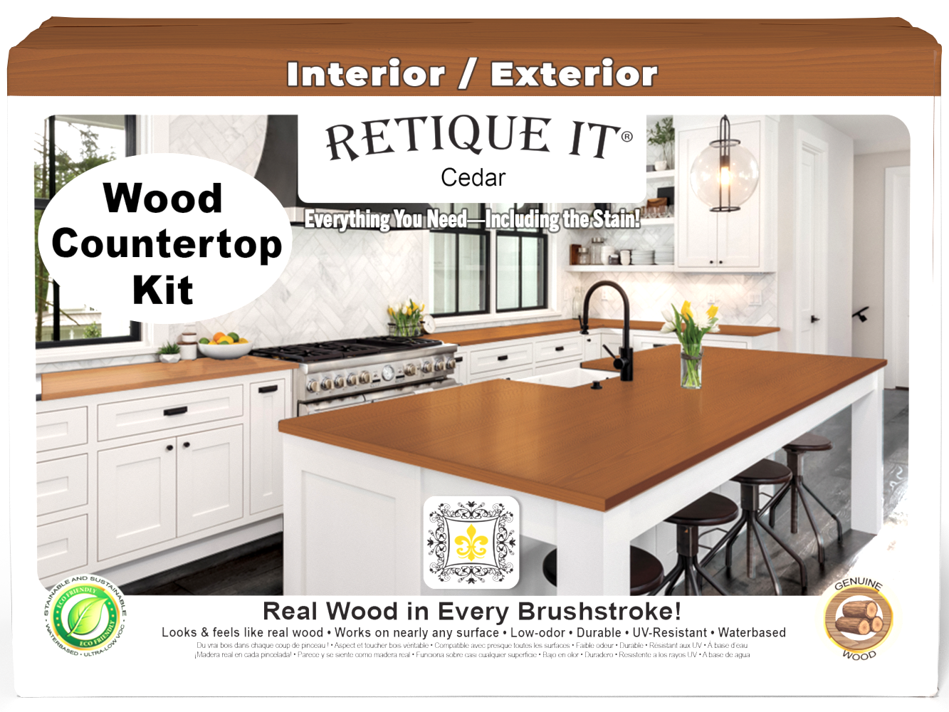Retique It® Cedar countertop kit with full kitchen stain application, showcasing a wooden countertop with a natural cedar finish.