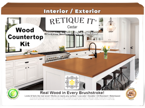 Retique It® Cedar countertop kit with full kitchen stain application, showcasing a wooden countertop with a natural cedar finish.