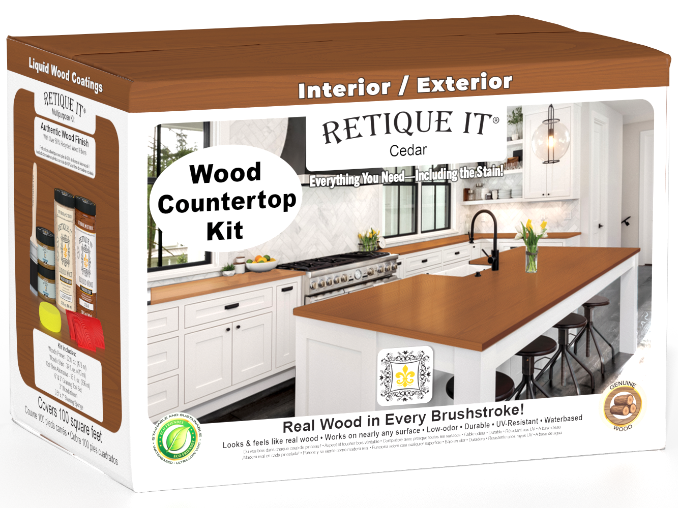 Retique It® Cedar countertop kit for full kitchen, featuring stain application on natural wood surface.