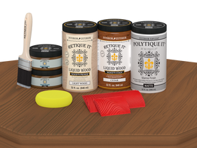 Retique It Wood'n Finish cedar double front door kit with matte stain, displayed on a table, showing wood grain and finish details.