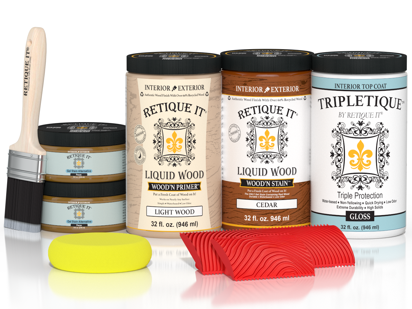 Large Cedar Wood'n Finish Kit by Retique It® for interior top coating, includes wood finish components and gloss application details.