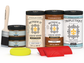 Retique It® cedar countertop kit for full kitchen with matte stain finish, featuring natural wood grain and stain application tools.