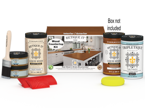 Retique It® Cedar countertop kit with stains, featuring a full kitchen setup and a box of stain products for wood surfaces.